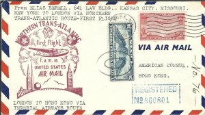 1st Flight New York-London-Hong Kong to American Consul 1939 Registered (47266)