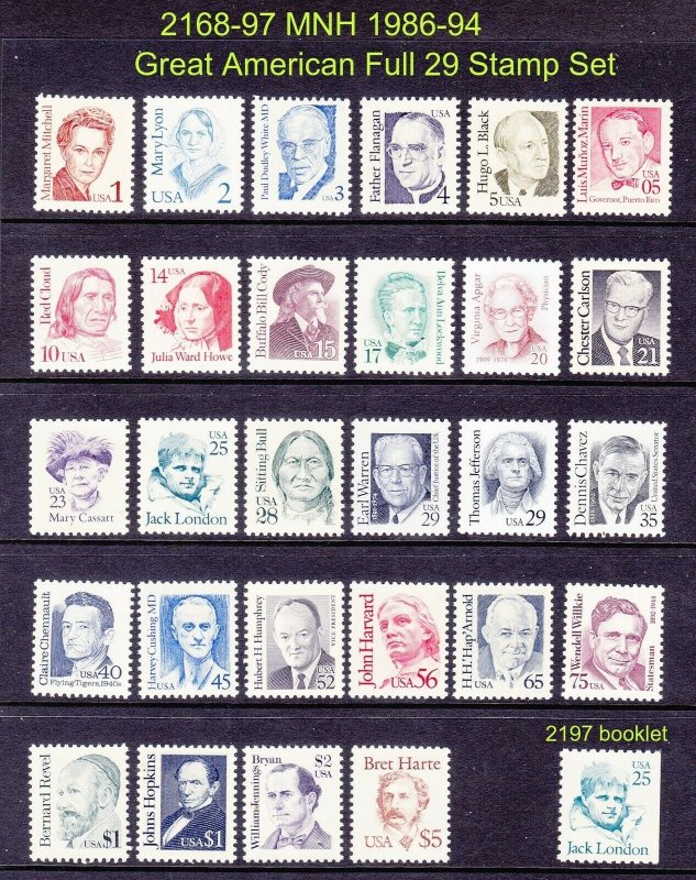 US 2168-97 MNH 1986-94 Great Americans Full Set of 29 Stamps Very Fine