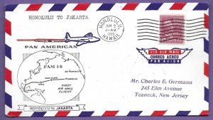 F14-126, PAN-AM,  1959 HONOLULU-JAKARTA,  FIRST FLIGHT AIRMAIL COVER, XCLEAN.