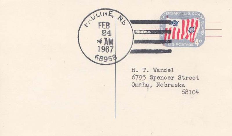 United States Nebraska Pauline 68968 1967 4-bar  1888-1967  Postal Card  Phil...