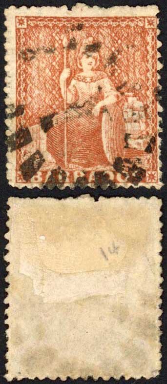 Barbados SG26 (4d) Dull Brown-red Rough Perf No Wmk Cat 85