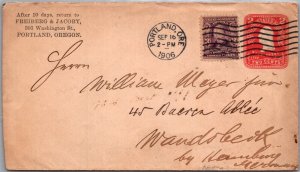 SCHALLSTAMPS UNITED STATES 1906 UPRATED STATIONERY COVER ADDR GERMANY CANC ORE