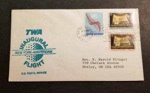 TWA Airlines FIRST FLIGHT COVER 1984 New York Amsterdam UN Stamps z3472