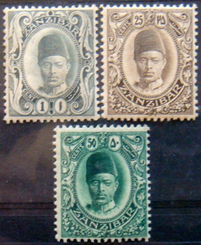 ZANZIBAR 1908 1c,25c,50c Sultan Hamoud MLH Scott 99,105,106 CV$20