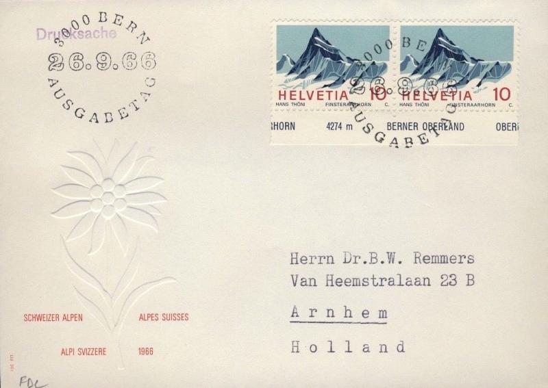 SUISSE / SWITZERLAND / SCHWEIZ 1966 Mi.842 x2 Swiss Alps Finsteraarhorn on FDC