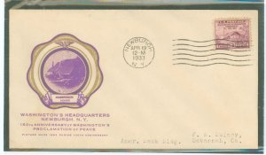 US 727 1933 3c Washington's headquaraters/150th anniversary of the Preace Proclamation on anaddressed first day cover wi...