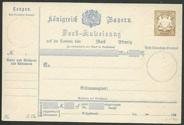 GERMANY BAVARIA 30pf parcel card fine unused...............................58587