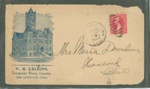 US  1900 cover with two cent red photo on envelope of building in new lexington, OH, backstamp junction city, OH