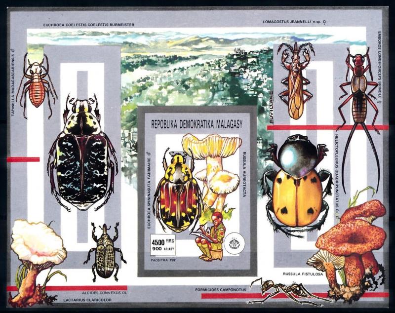 [95938] Madagascar Malagasy 1991 Insects Beetles Mushrooms Imperf. Sheet MNH