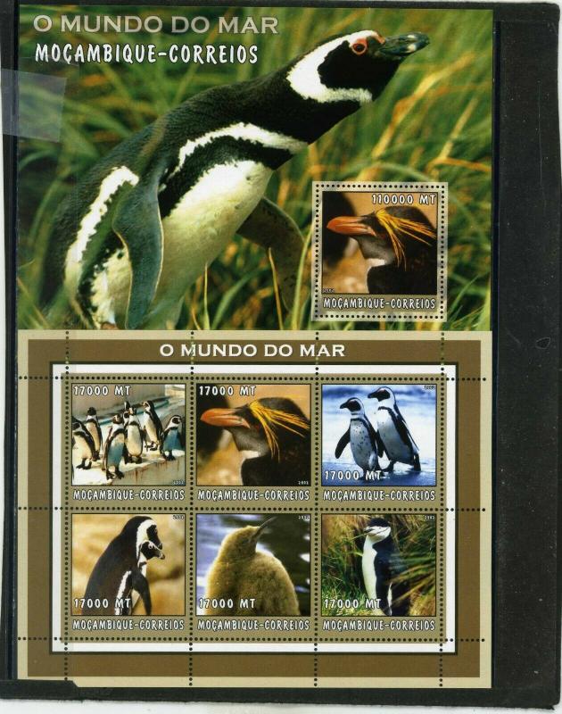 MOZAMBIQUE 2002 Sc#1660,1680 MARINE LIFE/PENGUINS SHEET OF 6 STAMPS & S/S MNH