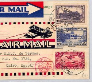 France Cols LEBANON Air Mail Cover Beirut EGYPT Censor 1939 WW2 {samwells}ZF105