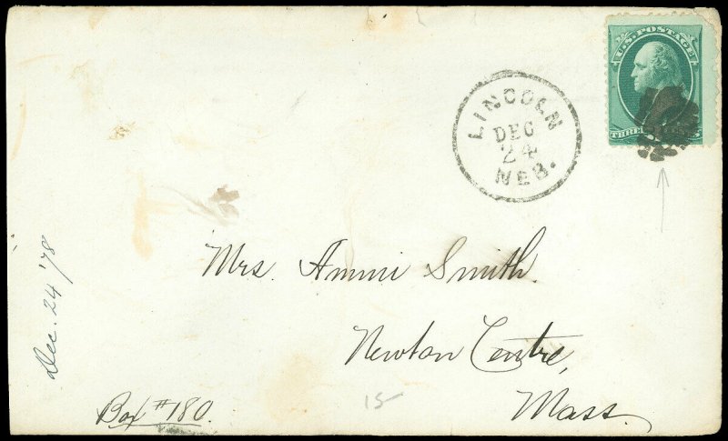 DEC 24 (1878) LINCOLN NEB. Cds to NEWTON CENTRE MASS, FANCY CANCEL! Scott #184!