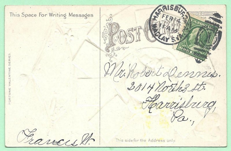​2/14/1911 Valentine cover/postcard Misprinted Heart Playing Card Harrisburg, PA