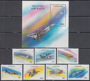 TANZANIA Sc # 1160-7 CPL MNH SET of 7 + S/S - VARIOUS MILITARY AIRCRAFT