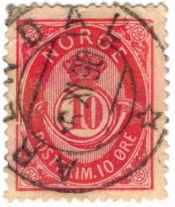 NK 53 10 Øre Posthorn Plate IV B, Type 2 Postmarked Arendal 11/6/1890