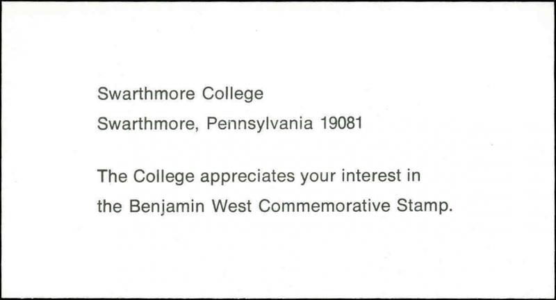 US FDC #1553 1st Swarthmore College Cachet Smarthmore, PA Benjamin West