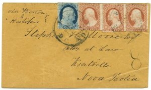 8d RATE handstamp Washington to Kentville NS 1856 5c US to HFX, 3d to interior