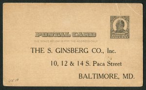 Unused 1910s US Postal Card McKinley 1c S Ginsberg Co Baltimore MD Salesman Form