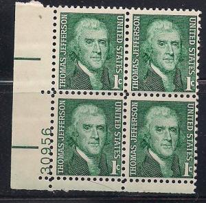 US Plt Blk Sc# 1278 Thomas Jefferson 1 cent MNH #30956 LL 