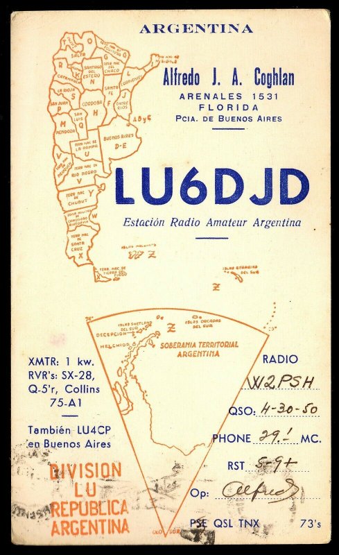 QSL QSO RADIO CARD Map of Argentina,Alfredo Coghlan,LU6DJD, (Q2960)