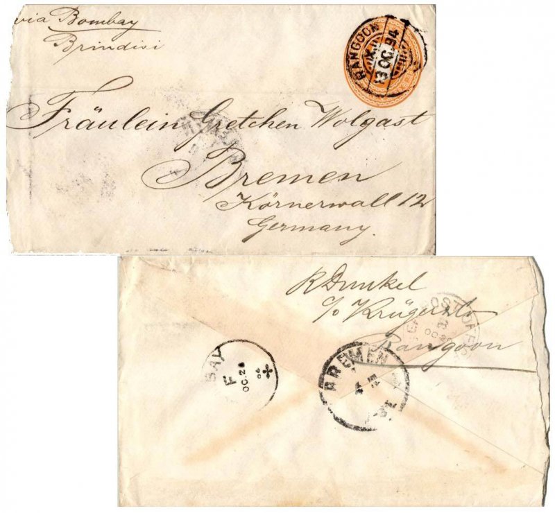 Burma 1a6p QV Envelope 1894 Rangoonto Bremen, Germany.  Inscribed Via Bombay ...