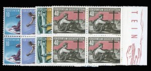 Liechtenstein #289-292 Cat$150+, 1955 Skiing, complete set in blocks of four,...