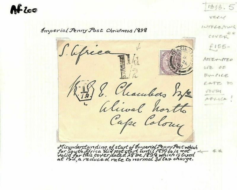 GB FAILED EARLY EMPIRE RATE Dec 1898 Cover South Africa COGH Charged *1½d* AF200