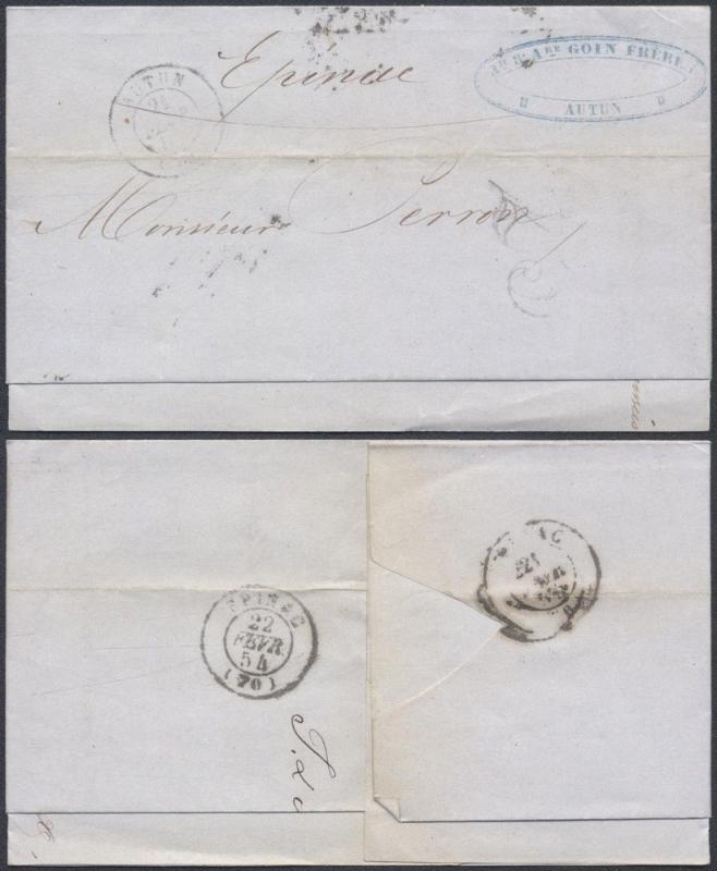 France 1854 Postal History Rare Stampless Cover + Content Autun Epinac   D.1023