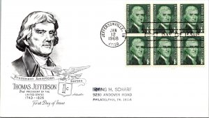 FDC 1968 SC #1278a Artmaster Cachet - Jeffersonville, IN - Block Of 6 - F78266