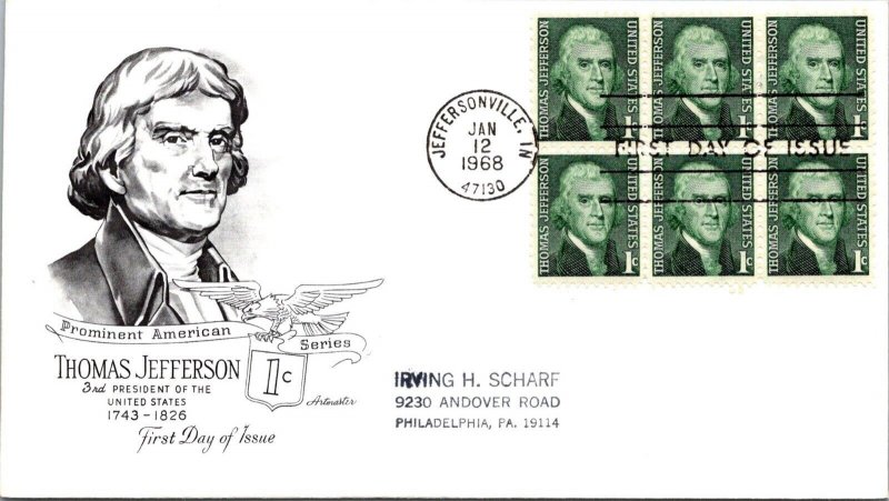 FDC 1968 SC #1278a Artmaster Cachet - Jeffersonville, IN - Block Of 6 - F78266
