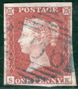 GB Ireland PENNY RED 1d p129 LAVENDER PAPER *INVERTED WMK* BLUE NUMERAL ! RBR137