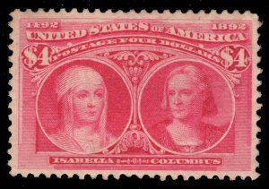 US STAMPS # 244 $4 COLUMBIAN MINT OG LH CAT. $2,100 LOT #1493