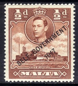 Malta 1948 - 53 KGV1 1/2d Red Brown Self Govt Ovpt MM SG 235 ( F681 )