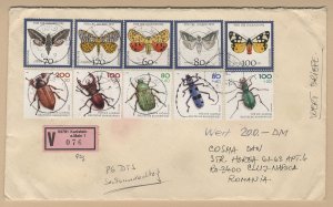 Germany #B728-B732, B745-B749 mailed cover to Romania butterflies beetles insect