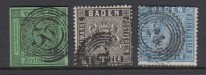 Baden Sc 7, 10, 12 used. 1853-1861 issues, 3 diff w small faults, F-VF appearing