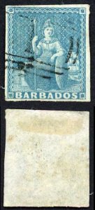 Barbados SG9 1855 1d Pale Blue on White Paper Four Margins Cat 70