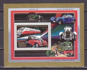 Malagasy Rep., Scott cat. 898. Locomotive & Bugatti Auto s/sheet.