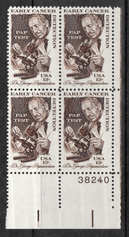 USA Plate Block # 1754 - M/NH - Dr. Papanicolaou - Cancer - LR - Plate 38240