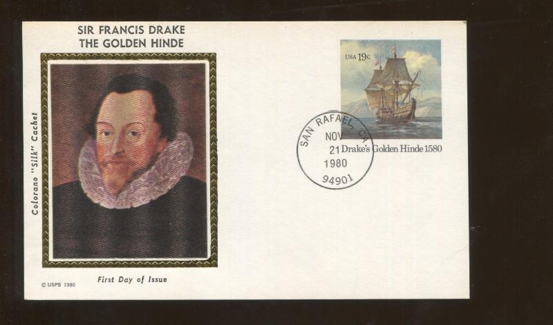 Silk Cachet Sir Francis Drake The Golden Hinde Ship 1980 USPS FDC San Rafael, CA