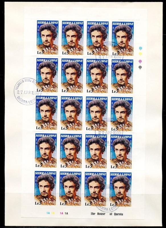 SIERRA LEONE SIR LAURENCE OLIVIER SET OF SHEETS OF 20  ON 8 FIRST DAY COVERS