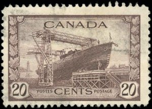 Canada Scott #260 VF Used-1942 20¢ Launching Corvette  - Crease