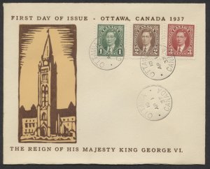 1937 #231-233 1c-3c George VI Mufti FDC Capital Stamp Cachet Ottawa CDS