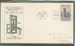 US 857 1939 3c 300th Anniv. of the Printing Press in America on an addressed FDC with a Linprint Cachet