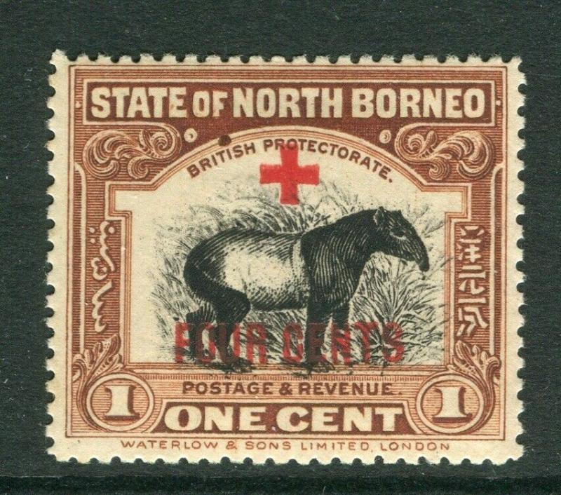 NORTH BORNEO; 1918 early Red Cross FOUR CENTS surcharge Mint hinged 1c. 