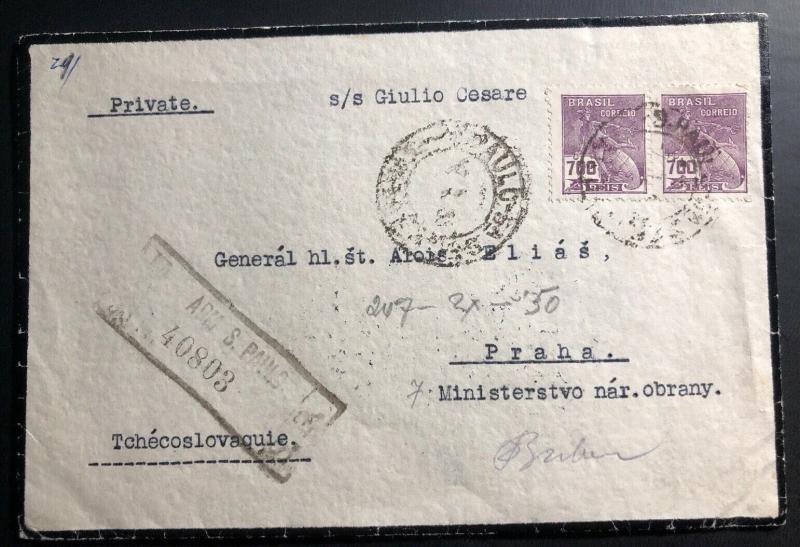 1933 Sao Pablo Brazil Czechoslovakia Consulate Morning Official Cover To Prague