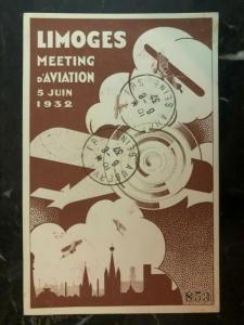 1932 Limoges France Airmail Postcard Cover Aviation club Meeting label