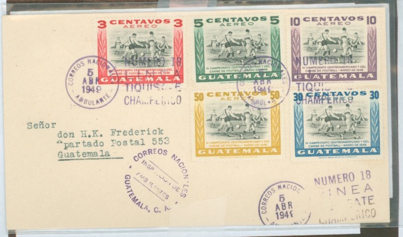 Guatemala C158-C162 soccer championships stamp set, mobile post office cancellations