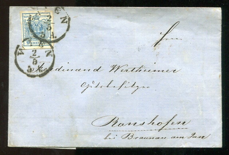 p413 - AUSTRIA Wien 1850s Folded Cover to Braunau. 9 Kr Stamp