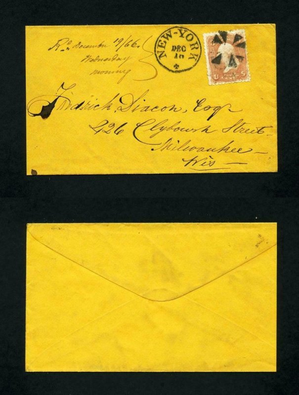 # 65 on cover from New York, New York to Milwaukee, Wisconsin dated 12-10-1866