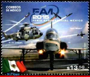 2932 MEXICO 2015 AEROSPACE FAIR, FA1, HELICOPTER, AVIATION, PLANES, FLAG, MNH